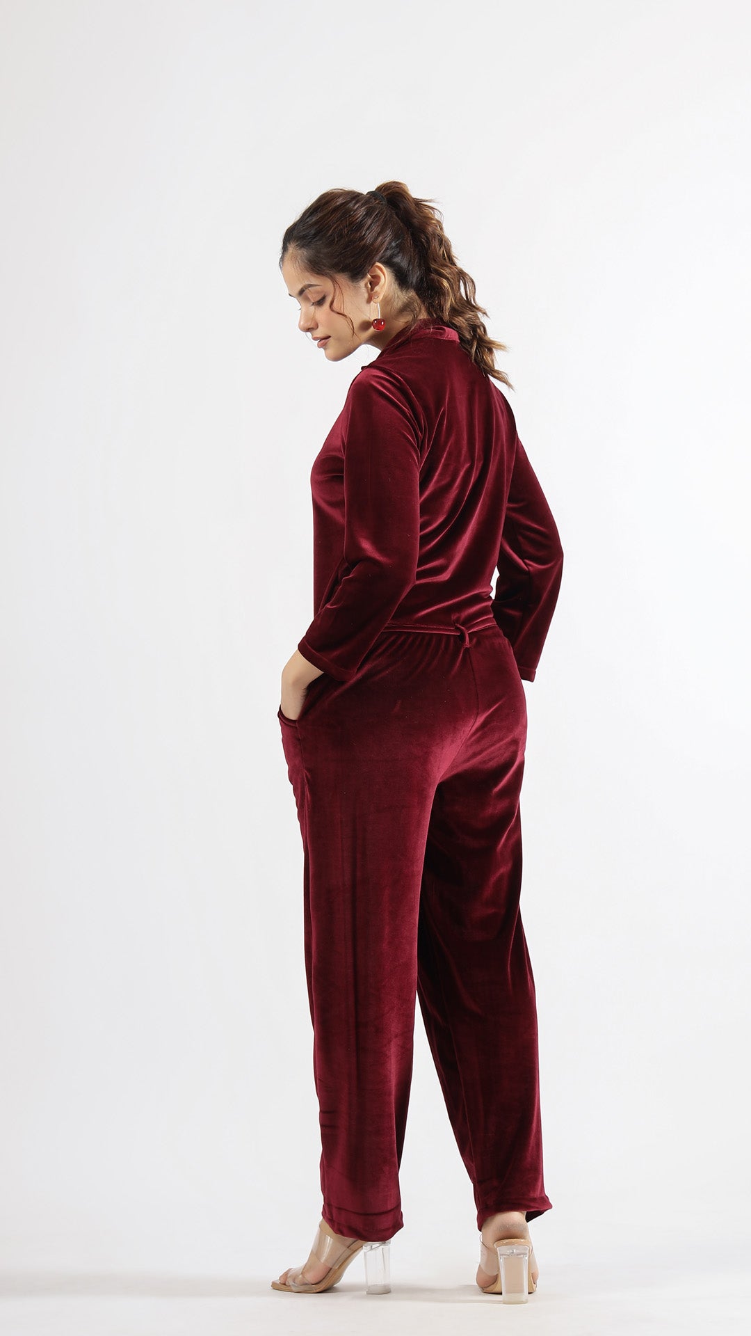 Maroon Velvet Jumpsuit with Belt and Collared Neck | Jumpsuit | Shop stylish women's clothing online at Label Flavia |