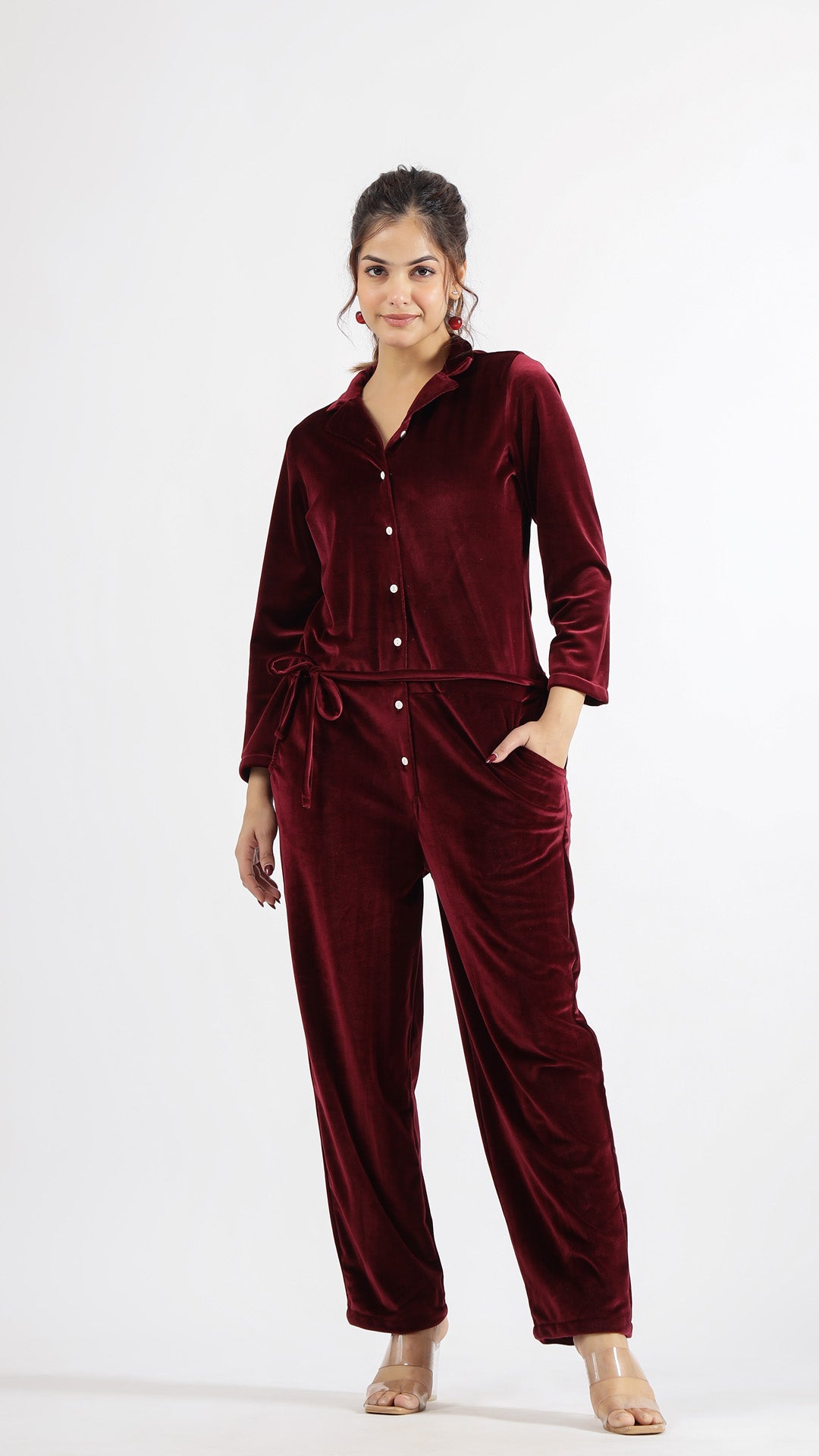 Maroon Velvet Jumpsuit with Belt and Collared Neck | Jumpsuit | Shop stylish women's clothing online at Label Flavia |