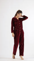 Maroon Velvet Jumpsuit with Belt and Collared Neck | Jumpsuit | Shop stylish women's clothing online at Label Flavia |