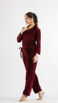Maroon Velvet Jumpsuit with Belt and Collared Neck | Jumpsuit | Shop stylish women's clothing online at Label Flavia |
