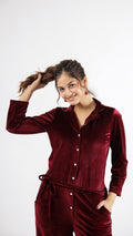 Maroon Velvet Jumpsuit with Belt and Collared Neck | Jumpsuit | Shop stylish women's clothing online at Label Flavia |
