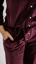 Wine Velvet Jumpsuit with Belt and Collared Neck | Jumpsuit | Shop stylish women's clothing online at Label Flavia |