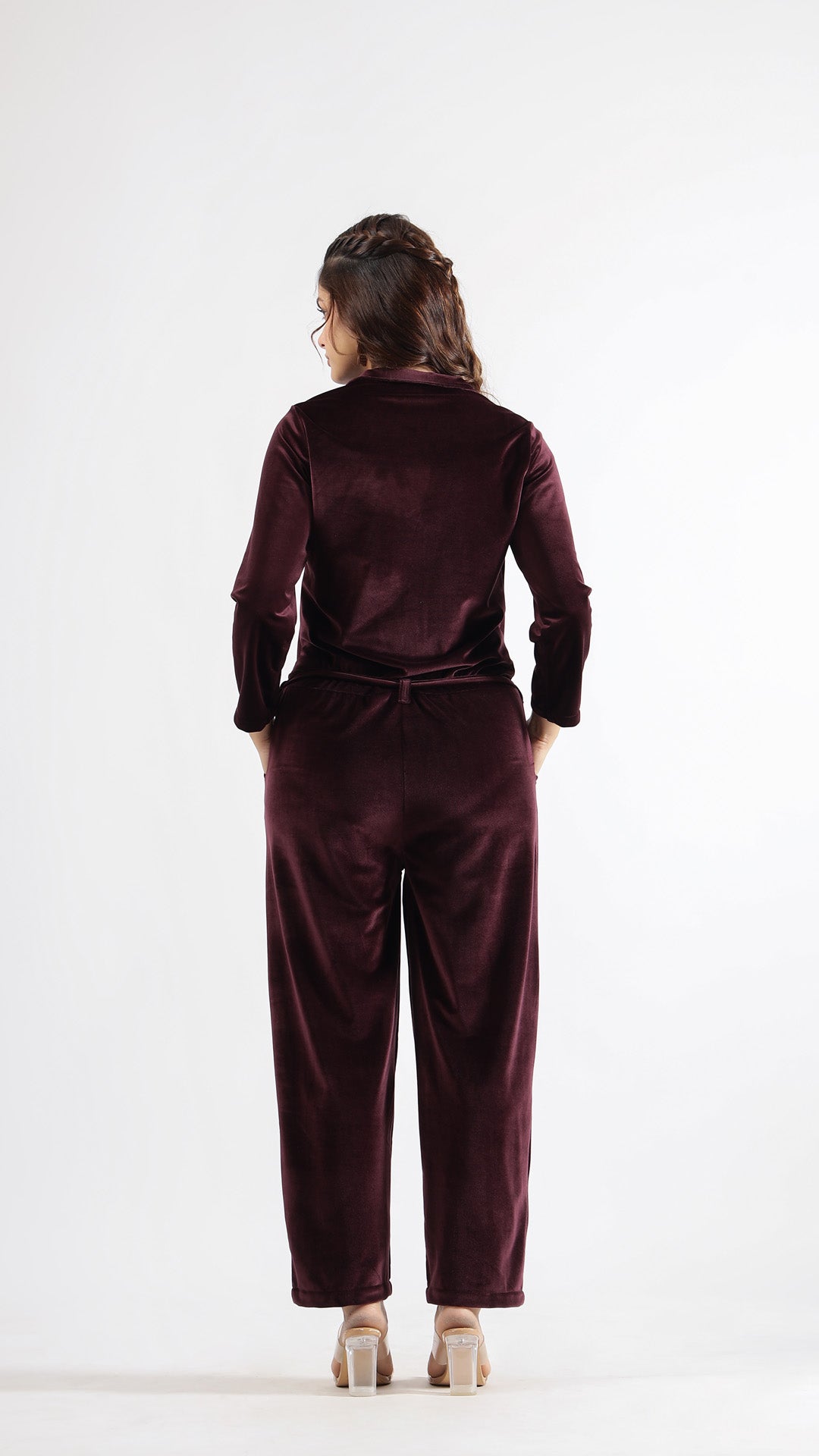 Wine Velvet Jumpsuit with Belt and Collared Neck | Jumpsuit | Shop stylish women's clothing online at Label Flavia |