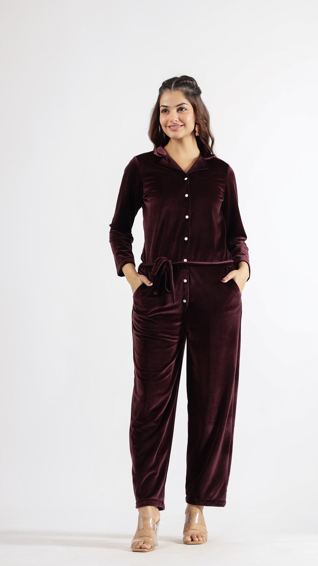 Wine Velvet Jumpsuit with Belt and Collared Neck | Jumpsuit | Shop stylish women's clothing online at Label Flavia |