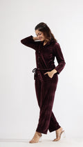Wine Velvet Jumpsuit with Belt and Collared Neck | Jumpsuit | Shop stylish women's clothing online at Label Flavia |