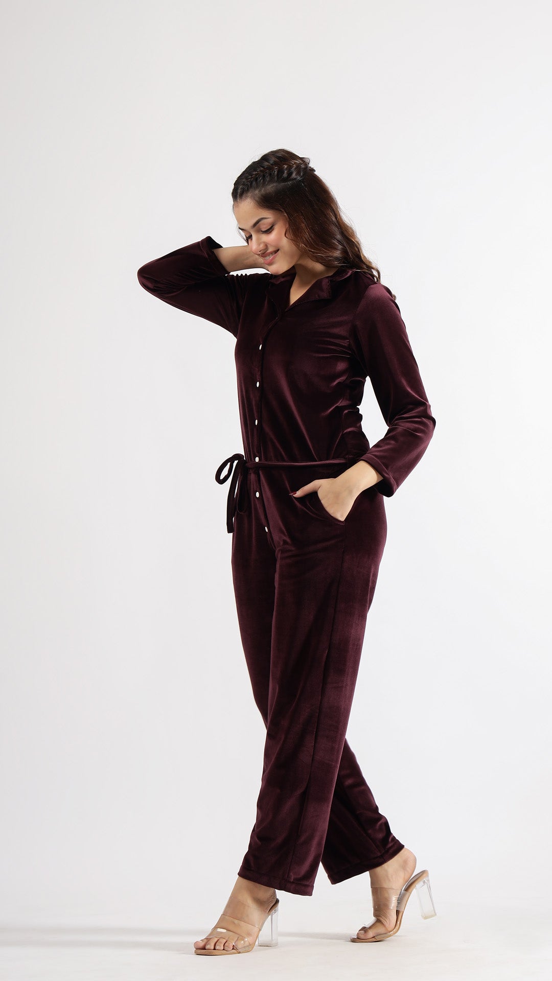 Wine Velvet Jumpsuit with Belt and Collared Neck | Jumpsuit | Shop stylish women's clothing online at Label Flavia |