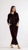 Wine Velvet Jumpsuit with Belt and Collared Neck | Jumpsuit | Shop stylish women's clothing online at Label Flavia |