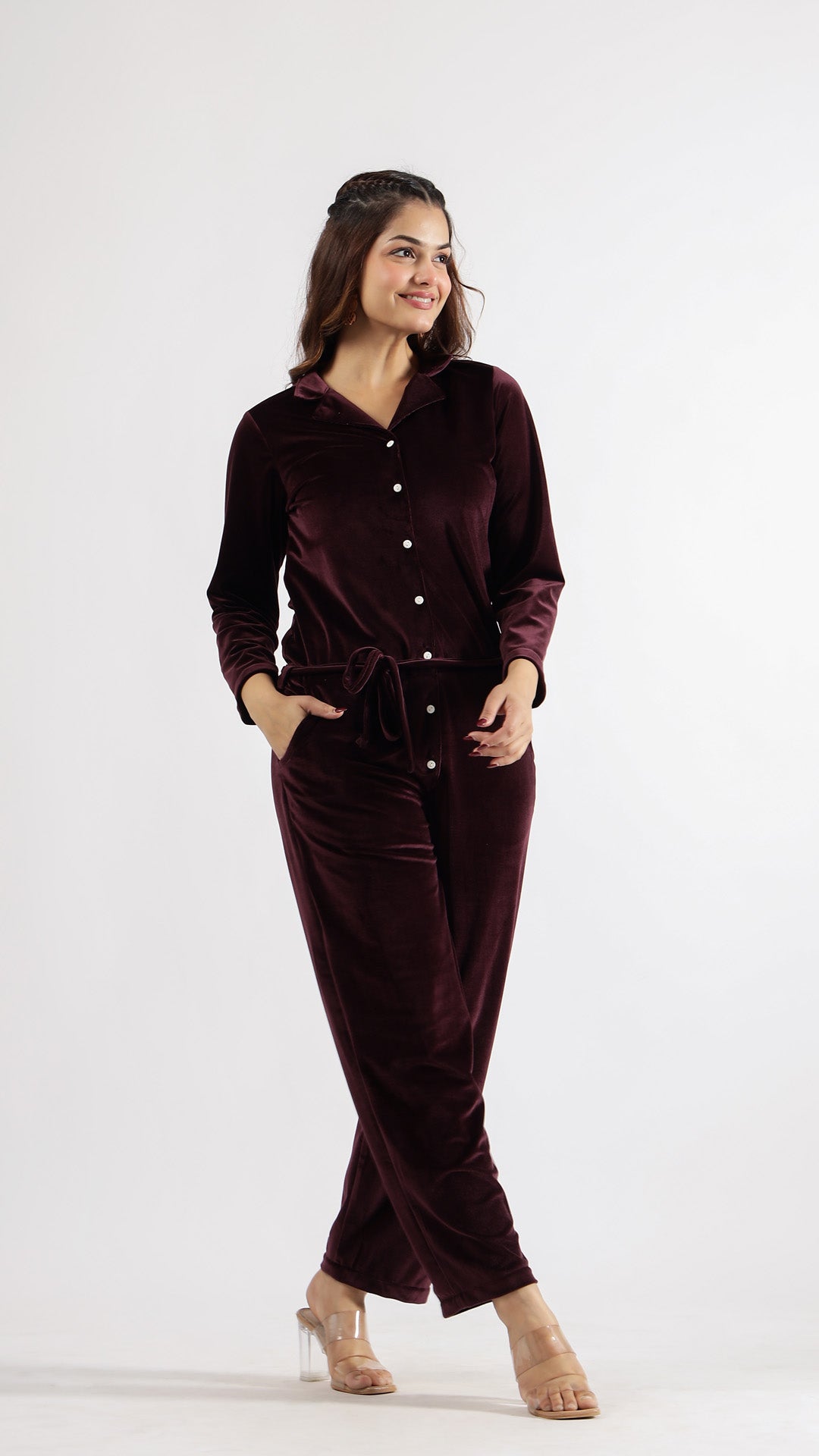 Wine Velvet Jumpsuit with Belt and Collared Neck | Jumpsuit | Shop stylish women's clothing online at Label Flavia |