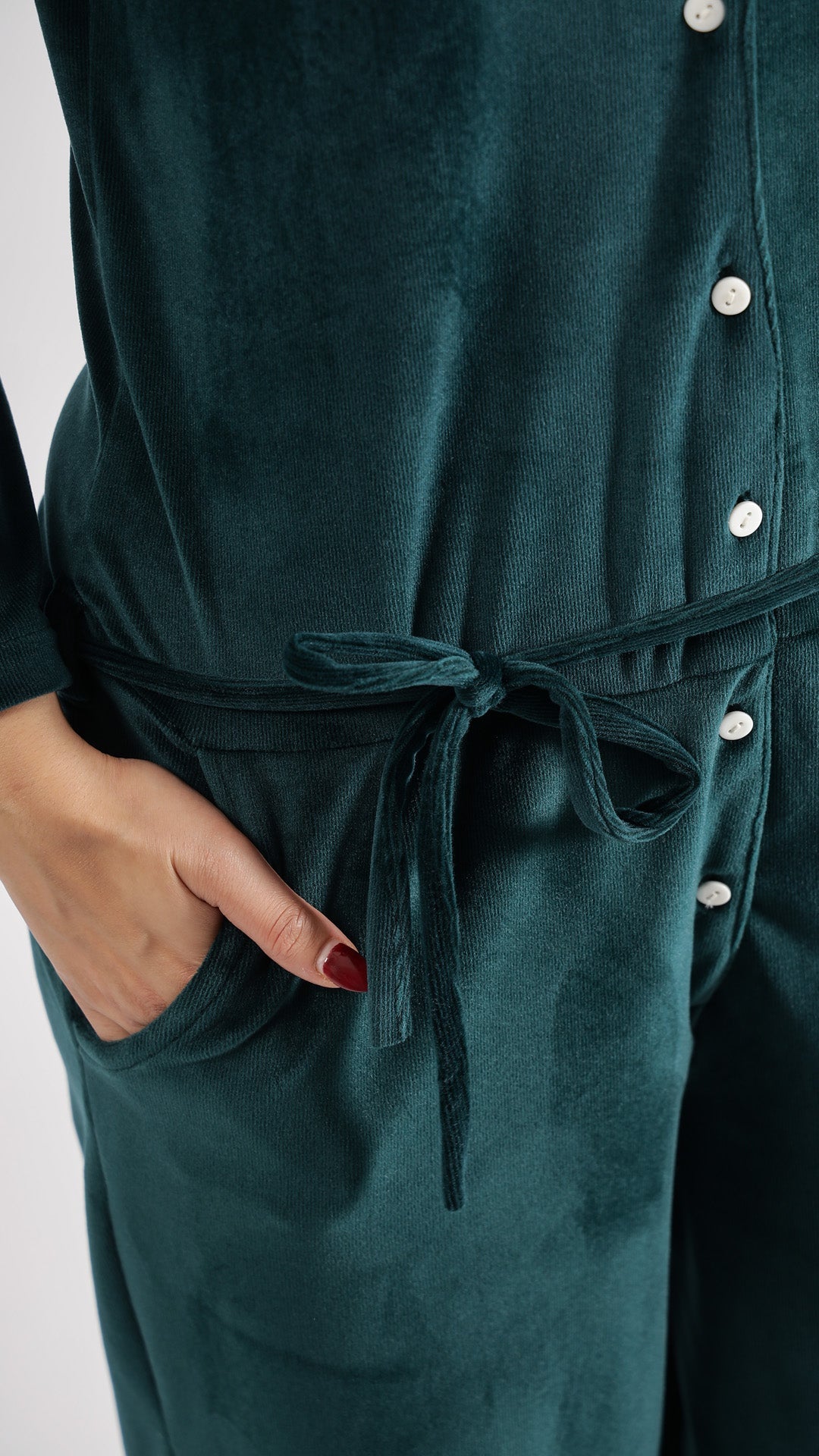 Dark Green Velvet Jumpsuit with Belt and Collared Neck | Jumpsuit | Shop stylish women's clothing online at Label Flavia |