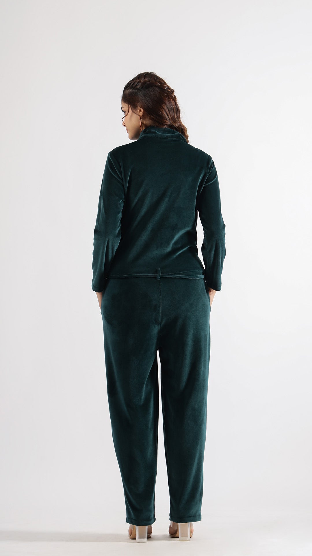 Dark Green Velvet Jumpsuit with Belt and Collared Neck | Jumpsuit | Shop stylish women's clothing online at Label Flavia |