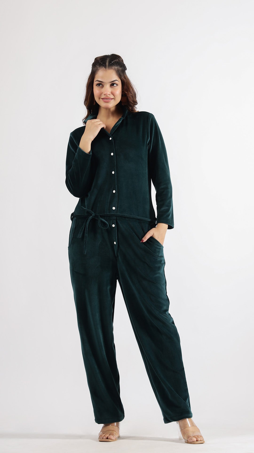 Dark Green Velvet Jumpsuit with Belt and Collared Neck | Jumpsuit | Shop stylish women's clothing online at Label Flavia |