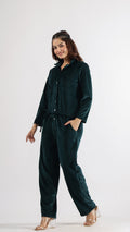 Dark Green Velvet Jumpsuit with Belt and Collared Neck | Jumpsuit | Shop stylish women's clothing online at Label Flavia |