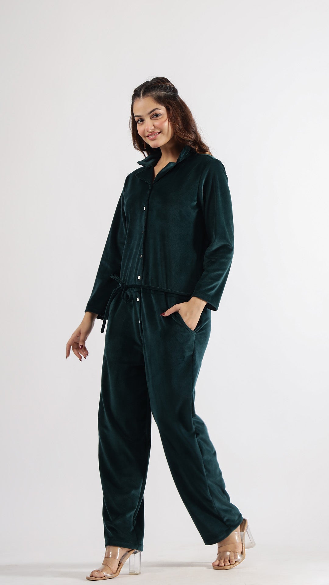 Dark Green Velvet Jumpsuit with Belt and Collared Neck | Jumpsuit | Shop stylish women's clothing online at Label Flavia |