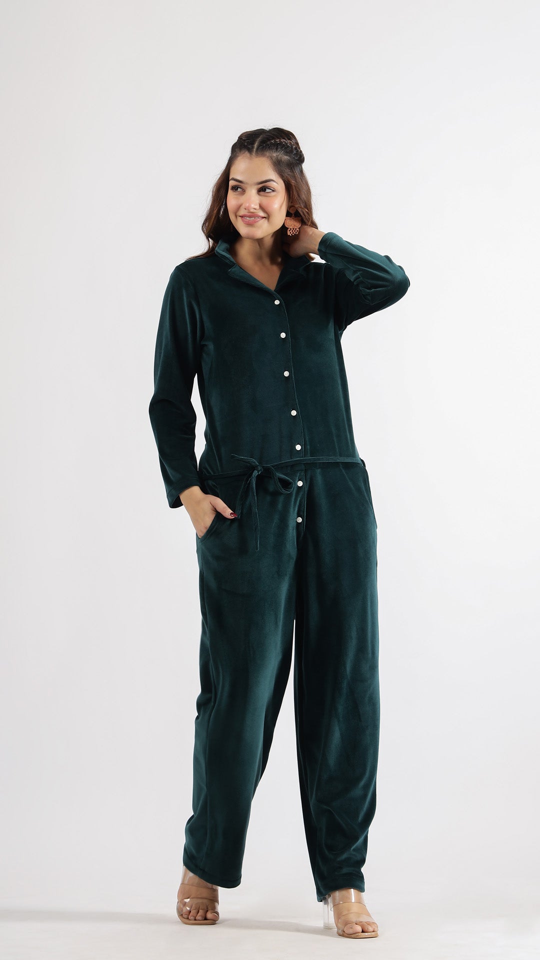Dark Green Velvet Jumpsuit with Belt and Collared Neck | Jumpsuit | Shop stylish women's clothing online at Label Flavia |
