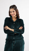 Dark Green Velvet Jumpsuit with Belt and Collared Neck | Jumpsuit | Shop stylish women's clothing online at Label Flavia |
