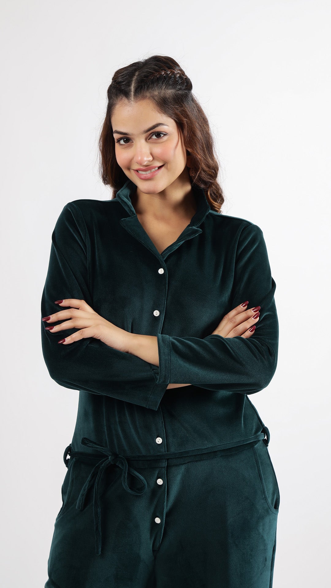 Dark Green Velvet Jumpsuit with Belt and Collared Neck | Jumpsuit | Shop stylish women's clothing online at Label Flavia |