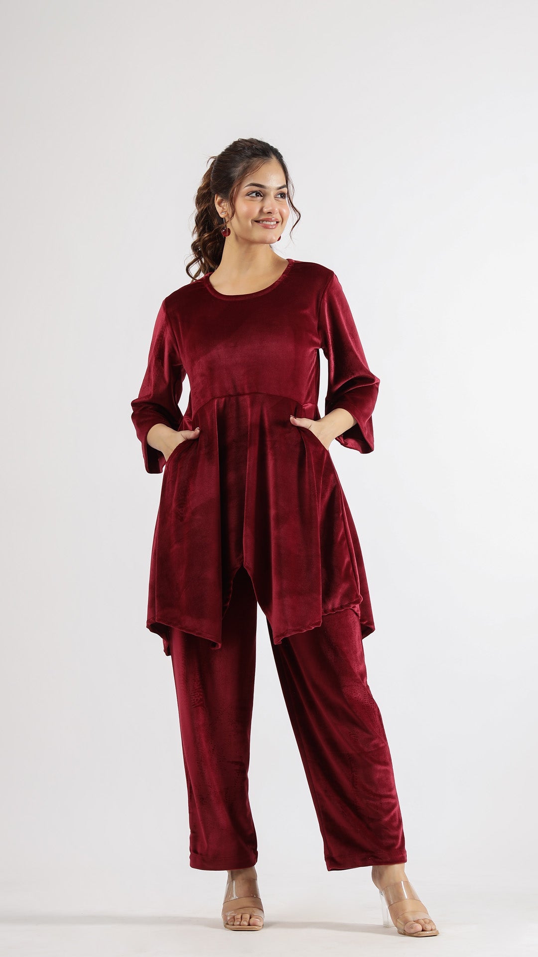 Maroon Velvet Embellished Co-ord Set | Co-Ord Set | Shop stylish women's clothing online at Label Flavia |