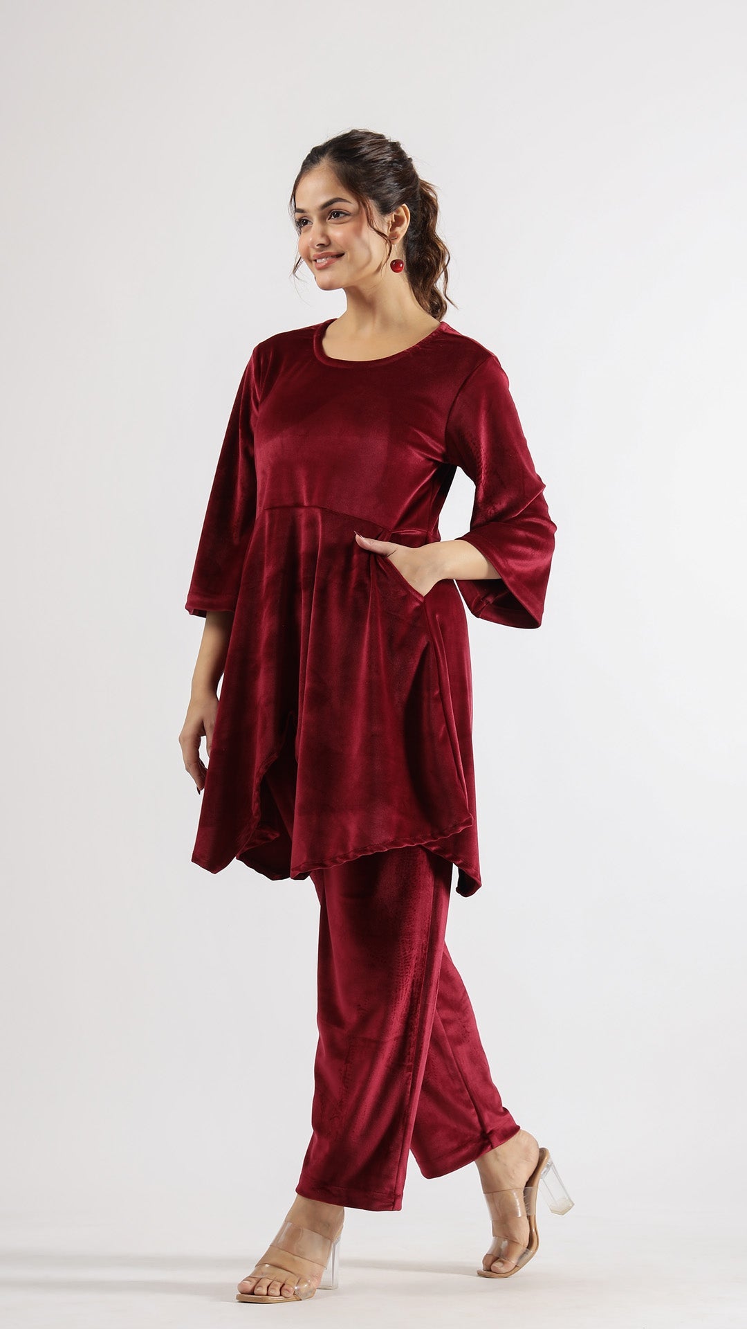 Maroon Velvet Embellished Co-ord Set | Co-Ord Set | Shop stylish women's clothing online at Label Flavia |