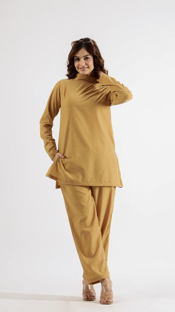 Mustard Boat Neck Velvet Detailed Co-ord Set | Co-Ord Set | Shop stylish women's clothing online at Label Flavia |