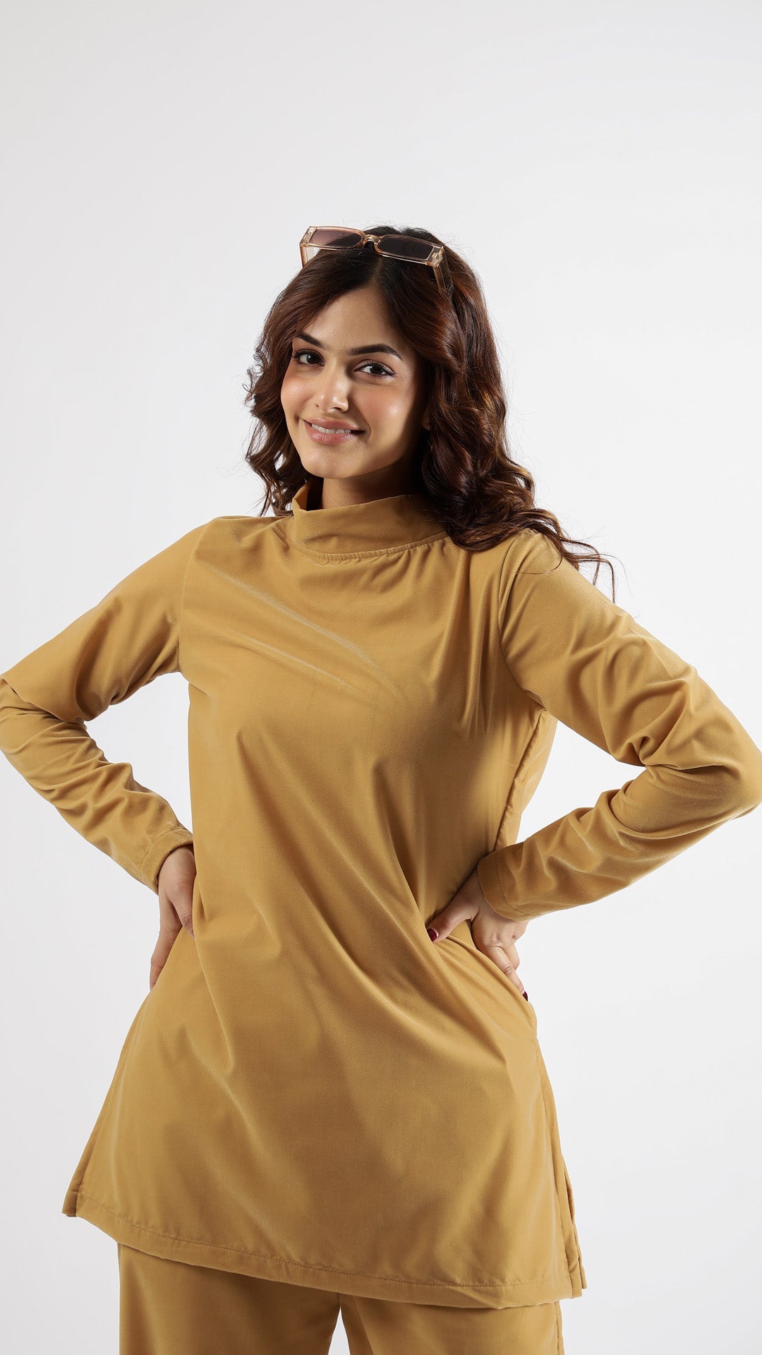 Mustard Boat Neck Velvet Detailed Co-ord Set | Co-Ord Set | Shop stylish women's clothing online at Label Flavia |