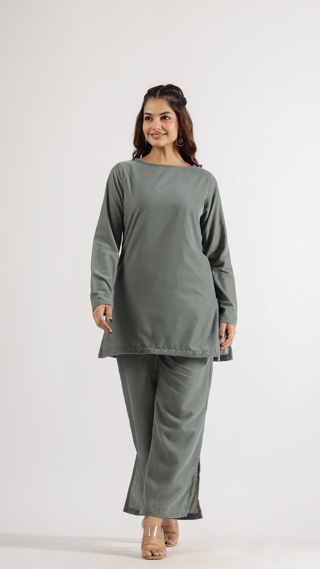 Grey Velvet Round Neck Co-ord Set | Co-Ord Set | Shop stylish women's clothing online at Label Flavia |