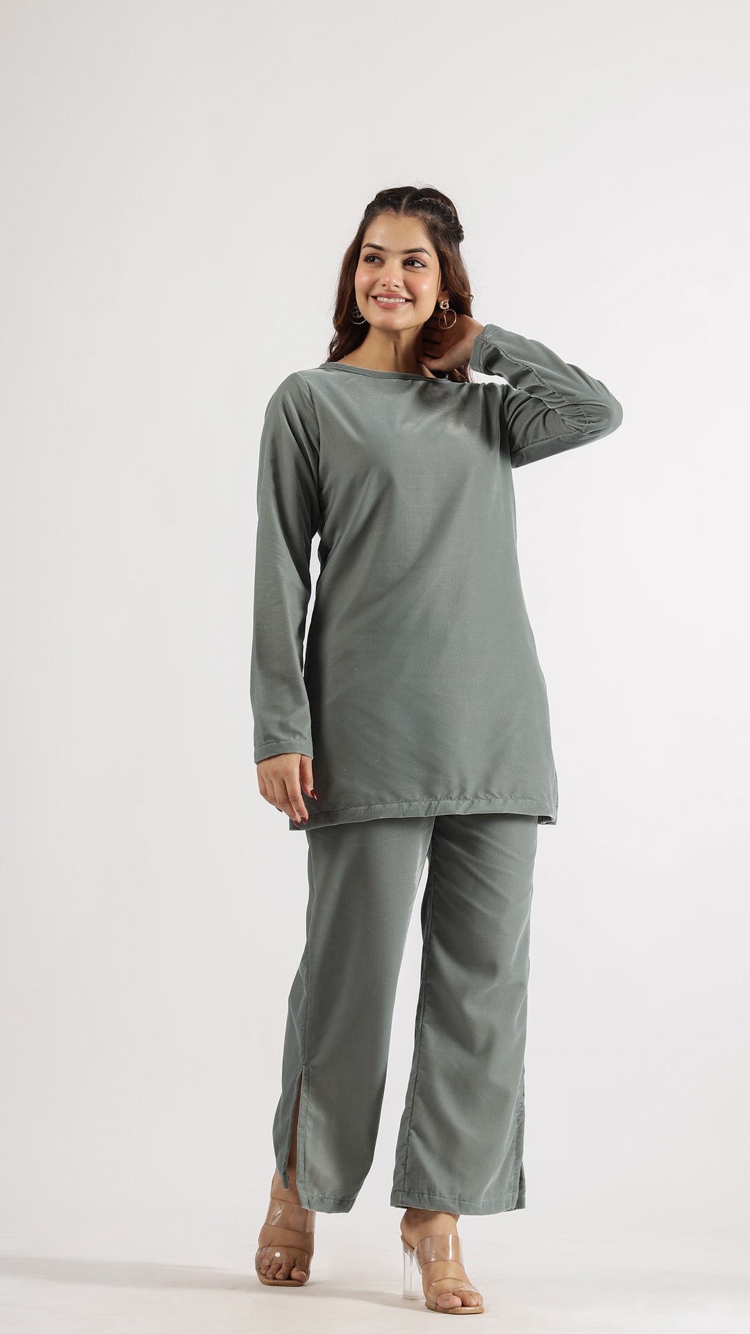 Grey Velvet Round Neck Co-ord Set | Co-Ord Set | Shop stylish women's clothing online at Label Flavia |