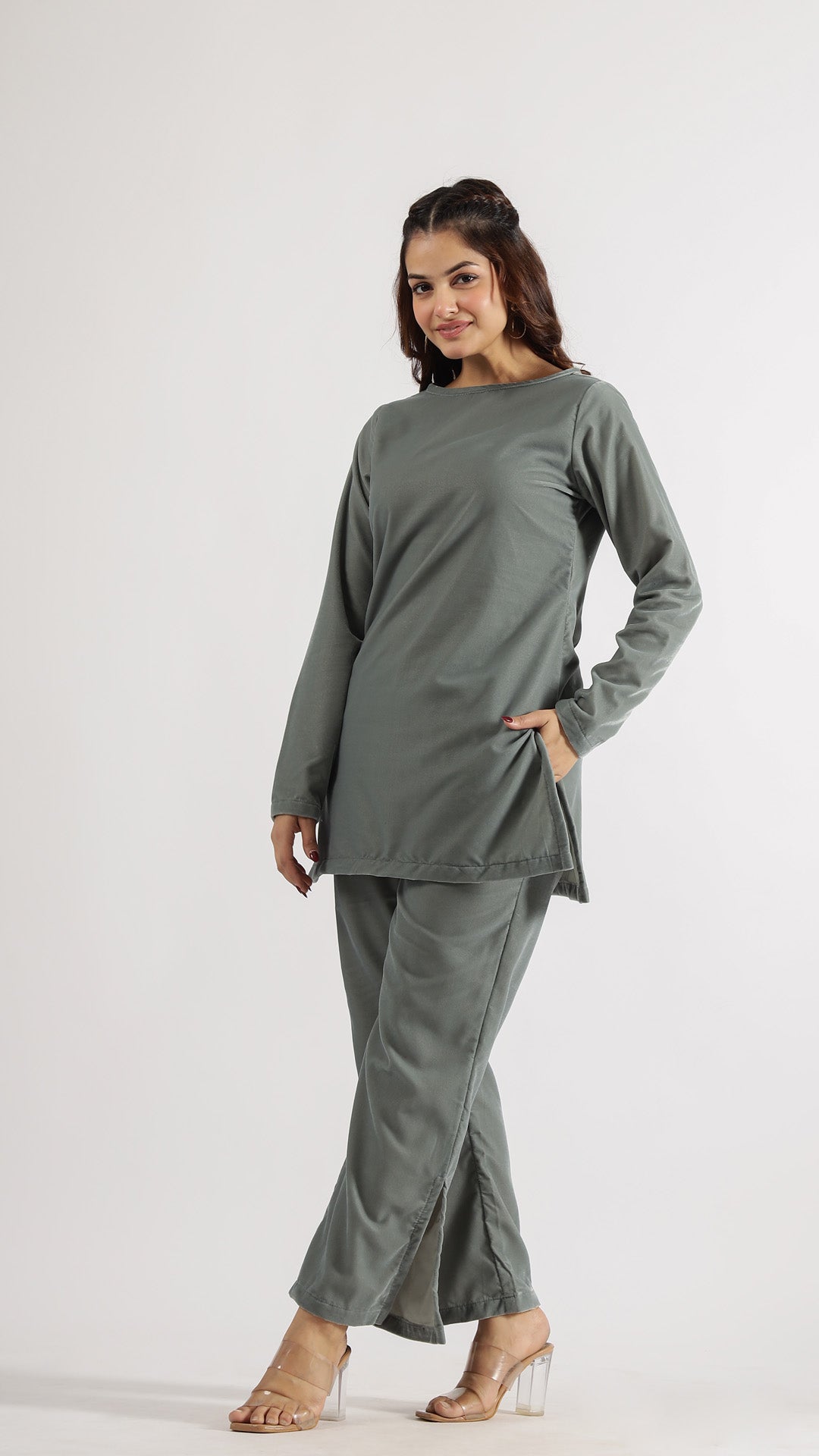 Grey Velvet Round Neck Co-ord Set | Co-Ord Set | Shop stylish women's clothing online at Label Flavia |