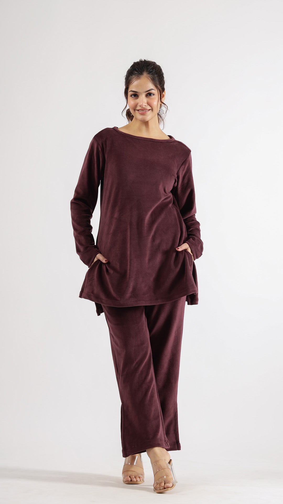 Luxurious Burgundy Velvet Lounge Wear Set – Soft & Stylish | Co-Ord Set | Shop stylish women's clothing online at Label Flavia |
