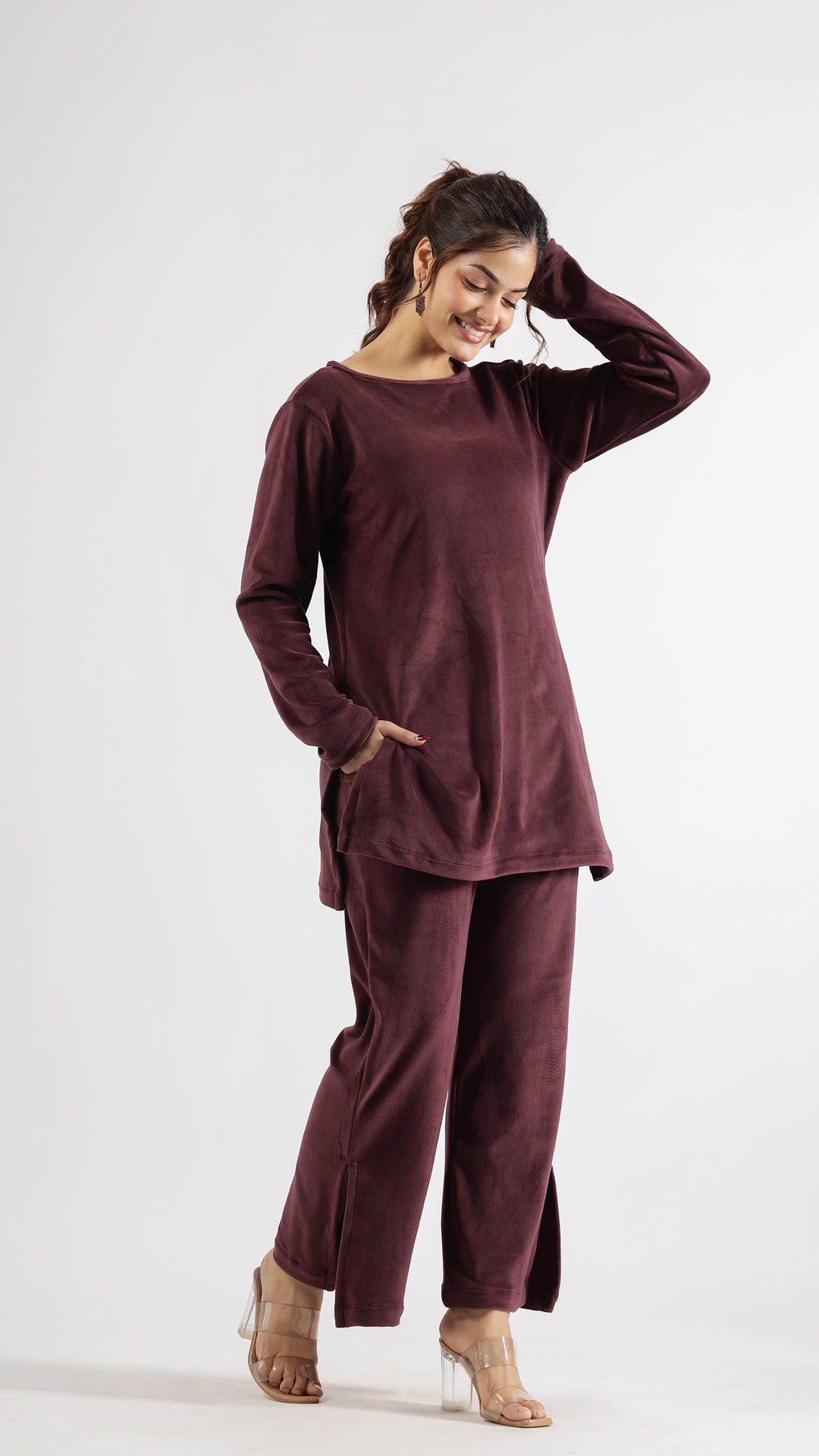 Luxurious Burgundy Velvet Lounge Wear Set – Soft & Stylish | Co-Ord Set | Shop stylish women's clothing online at Label Flavia |
