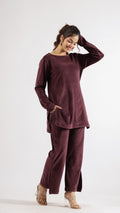 Luxurious Burgundy Velvet Lounge Wear Set – Soft & Stylish | Co-Ord Set | Shop stylish women's clothing online at Label Flavia |