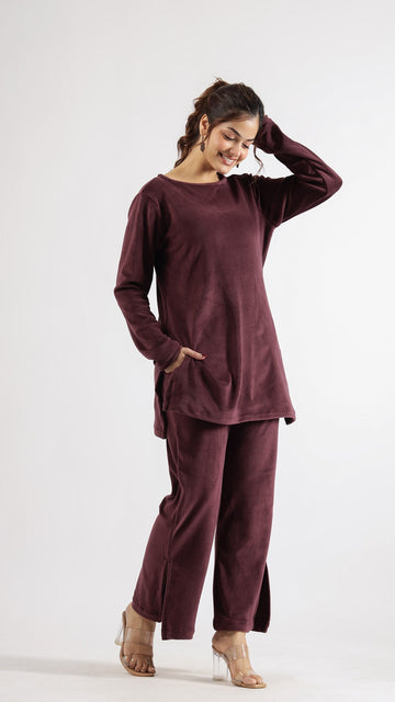 Luxurious Burgundy Velvet Lounge Wear Set – Soft & Stylish | Co-Ord Set | Shop stylish women's clothing online at Label Flavia |