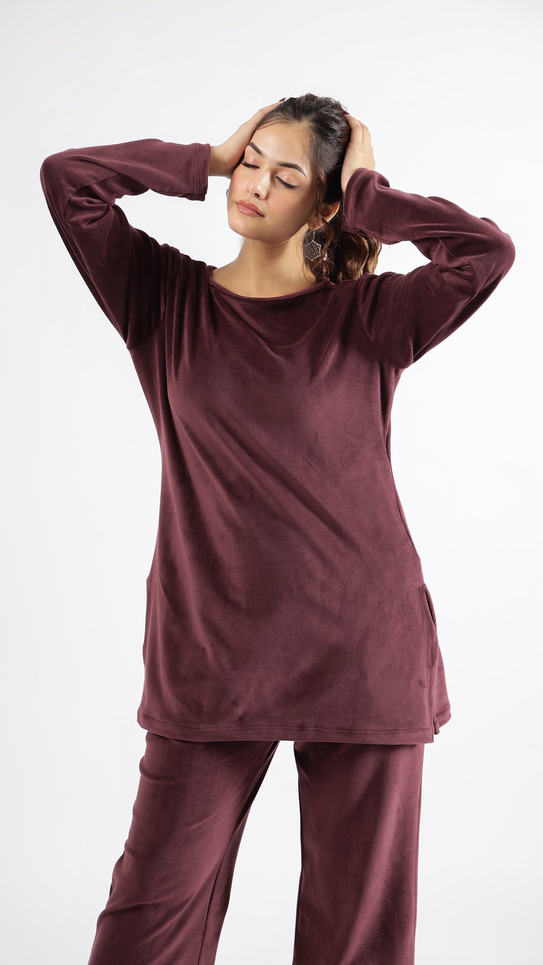 Luxurious Burgundy Velvet Lounge Wear Set – Soft & Stylish | Co-Ord Set | Shop stylish women's clothing online at Label Flavia |