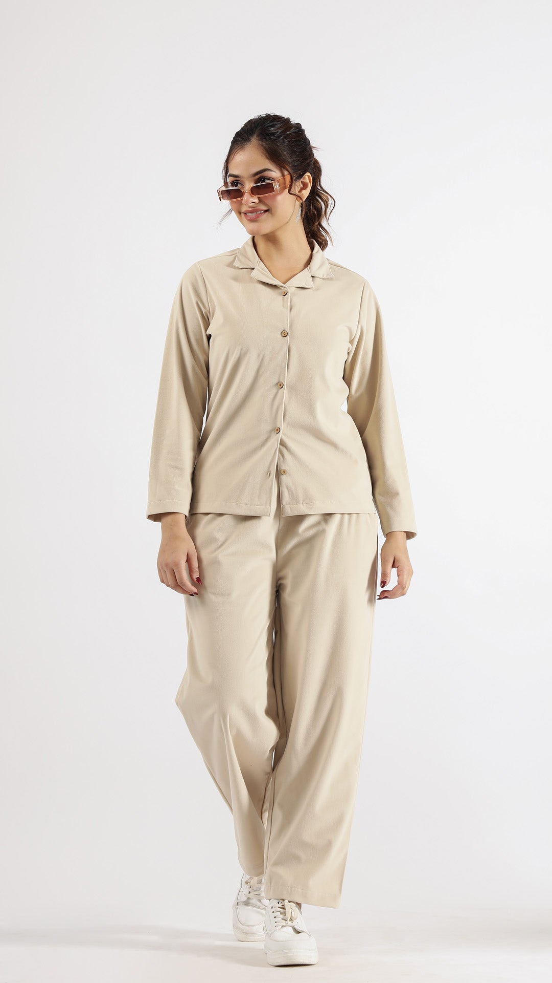 Chic Cream Velvet Co-Ord Set – Elegant Comfort with a Collared Neck | Co-Ord Set | Shop stylish women's clothing online at Label Flavia |