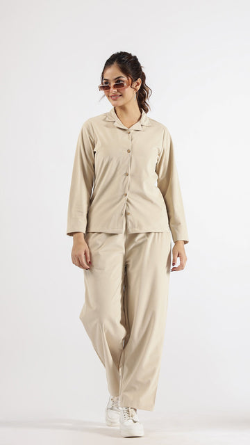 Chic Cream Velvet Co-Ord Set – Elegant Comfort with a Collared Neck | Co-Ord Set | Shop stylish women's clothing online at Label Flavia |