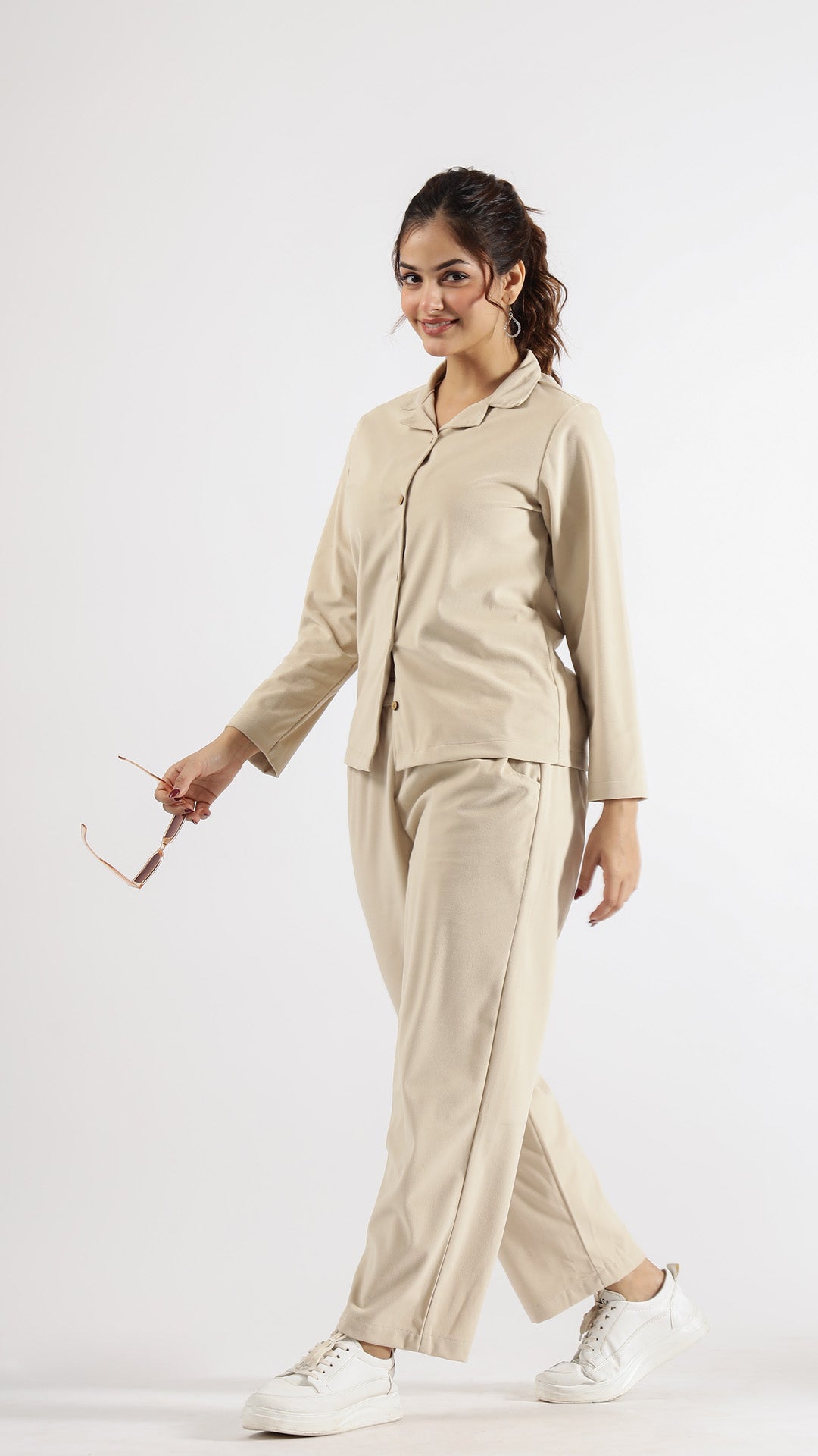 Chic Cream Velvet Co-Ord Set – Elegant Comfort with a Collared Neck | Co-Ord Set | Shop stylish women's clothing online at Label Flavia |