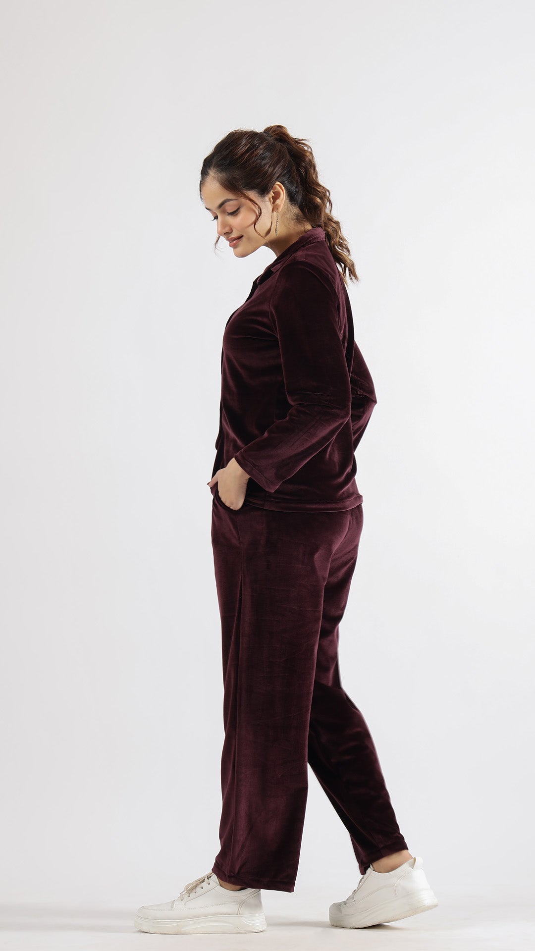 Sophisticated Wine Velvet Co-Ord Set – Full Sleeves with Collared Neck | Co-Ord Set | Shop stylish women's clothing online at Label Flavia |