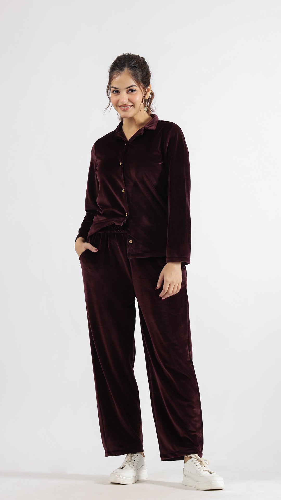 Sophisticated Wine Velvet Co-Ord Set – Full Sleeves with Collared Neck | Co-Ord Set | Shop stylish women's clothing online at Label Flavia |