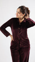 Sophisticated Wine Velvet Co-Ord Set – Full Sleeves with Collared Neck | Co-Ord Set | Shop stylish women's clothing online at Label Flavia |