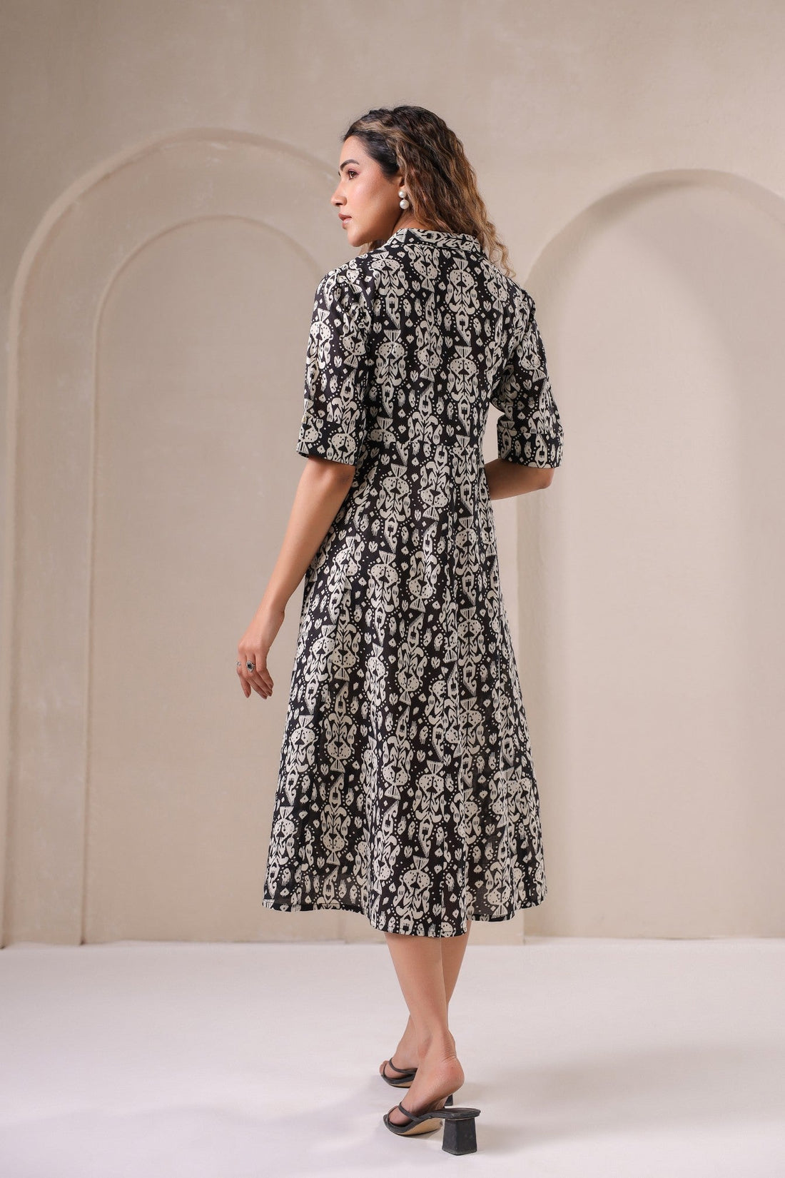 Noir Charm – Elegant Black & White Printed Midi Dress