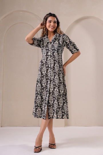 Noir Charm – Elegant Black & White Printed Midi Dress