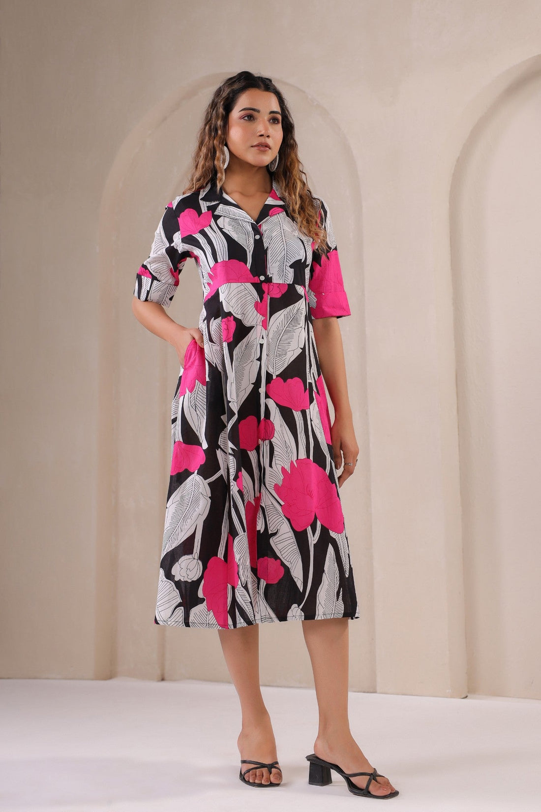 Midnight Bloom – Chic Floral Print Button-Down Midi Dress