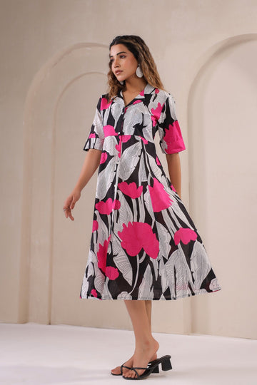Midnight Bloom – Chic Floral Print Button-Down Midi Dress