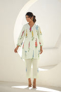 Elegant Pastel Green Floral Co-Ord Set – V-Neck Kurta & Straight Pants | Label Fushia |