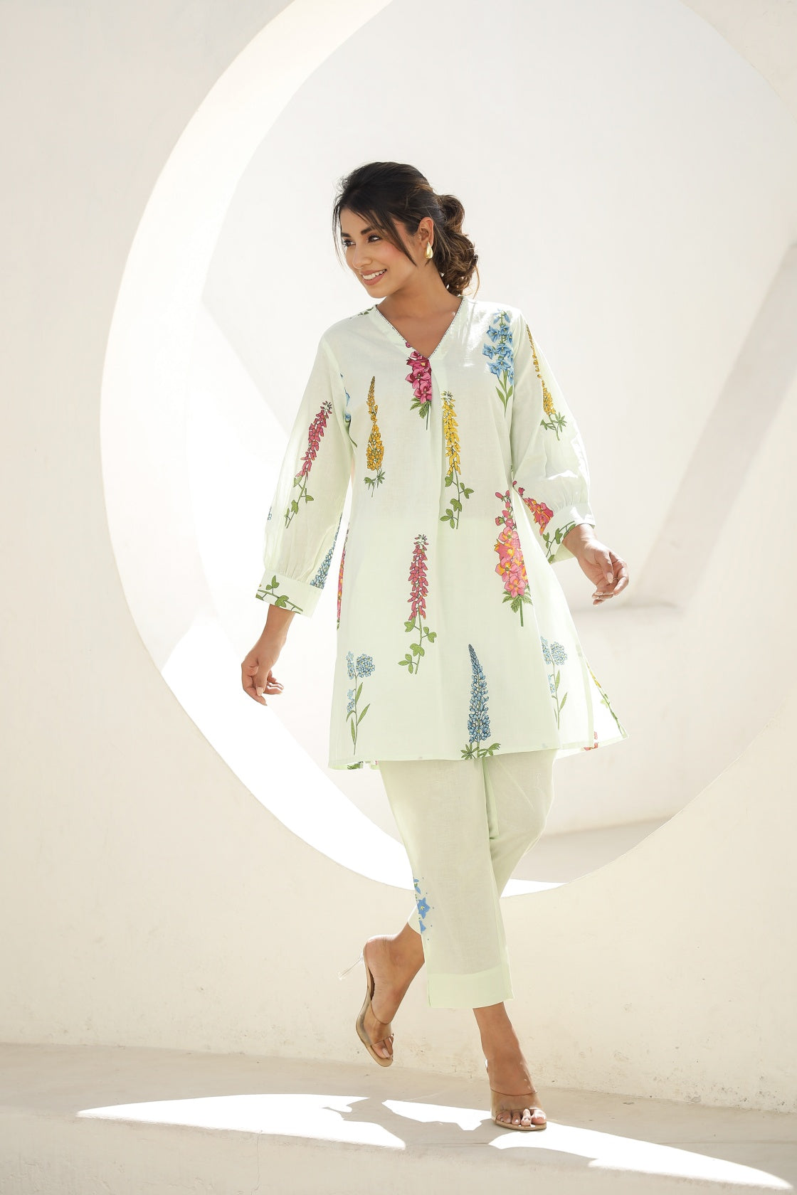 Elegant Pastel Green Floral Co-Ord Set – V-Neck Kurta & Straight Pants | Label Fushia |