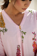 Elegant Pastel Pink Floral Co-Ord Set – V-Neck Kurta & Straight Pants | Label Fushia |