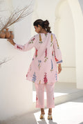 Elegant Pastel Pink Floral Co-Ord Set – V-Neck Kurta & Straight Pants | Label Fushia |