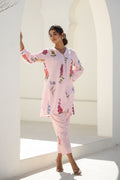 Elegant Pastel Pink Floral Co-Ord Set – V-Neck Kurta & Straight Pants | Label Fushia |