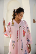 Elegant Pastel Pink Floral Co-Ord Set – V-Neck Kurta & Straight Pants | Label Fushia |
