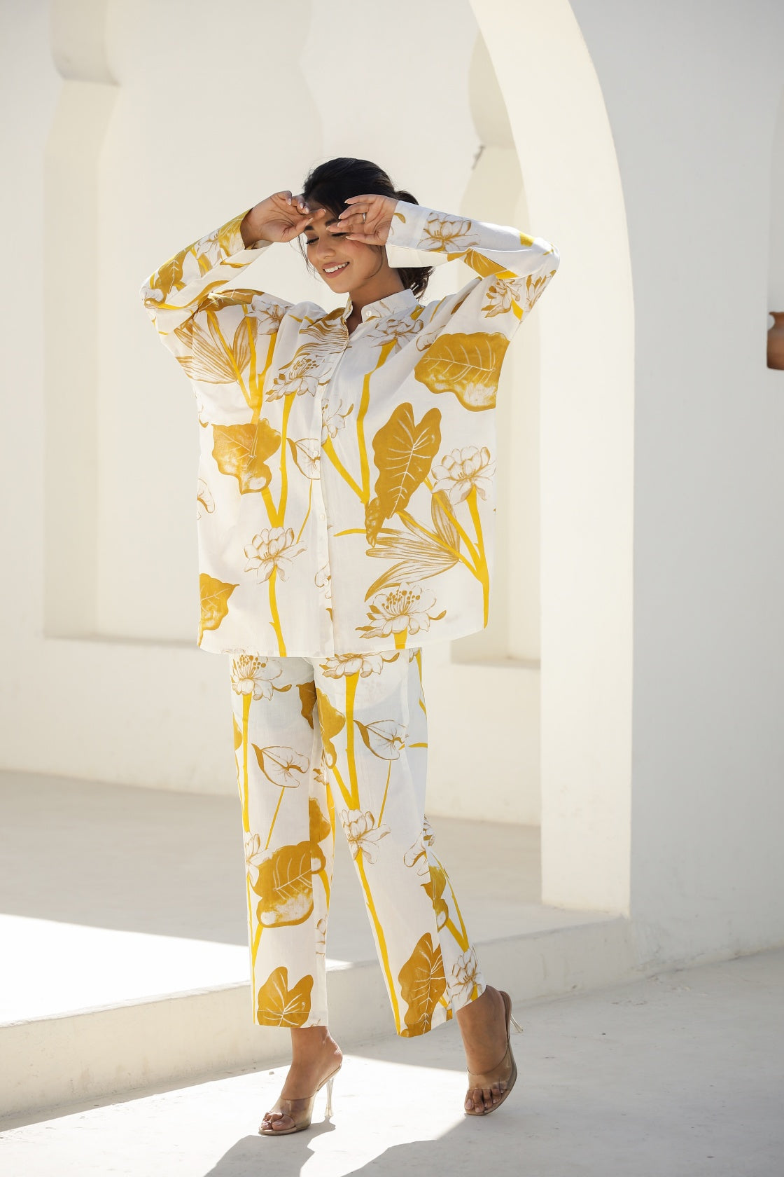 Elegant Mustard & White Floral Co-Ord Set – Oversized Shirt & Pants
