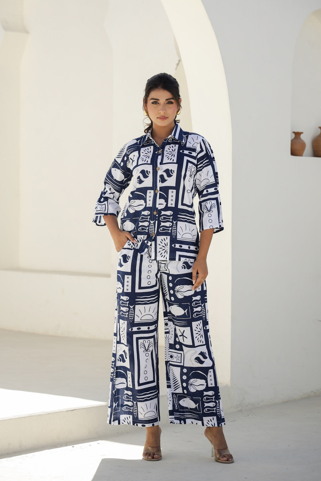 Chic Navy Blue & White Abstract Print Co-Ord Set